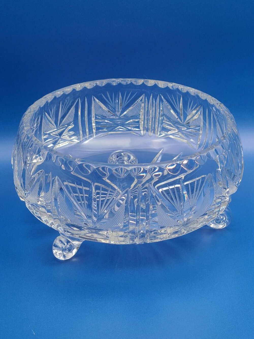 Vintage Bohemian Czech Hand Cut Heavy Lead Crystal 7” Tri Footed Bowl